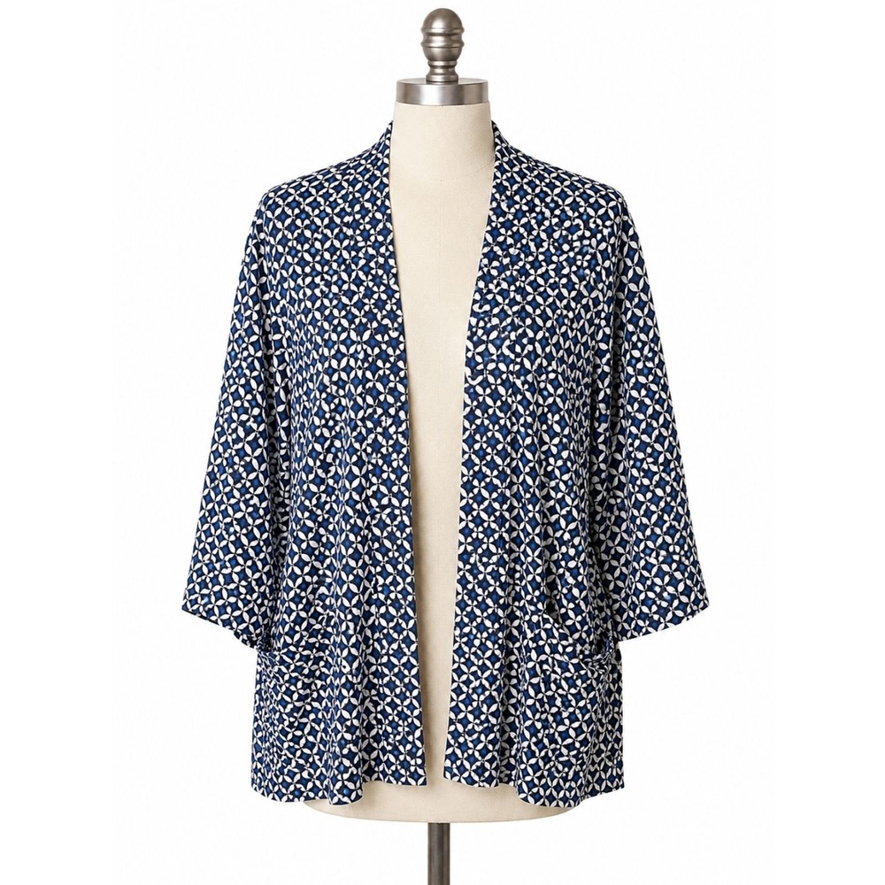 Robert Louis 1X Geometric Open Front Blazer Black White Blue Plus Size